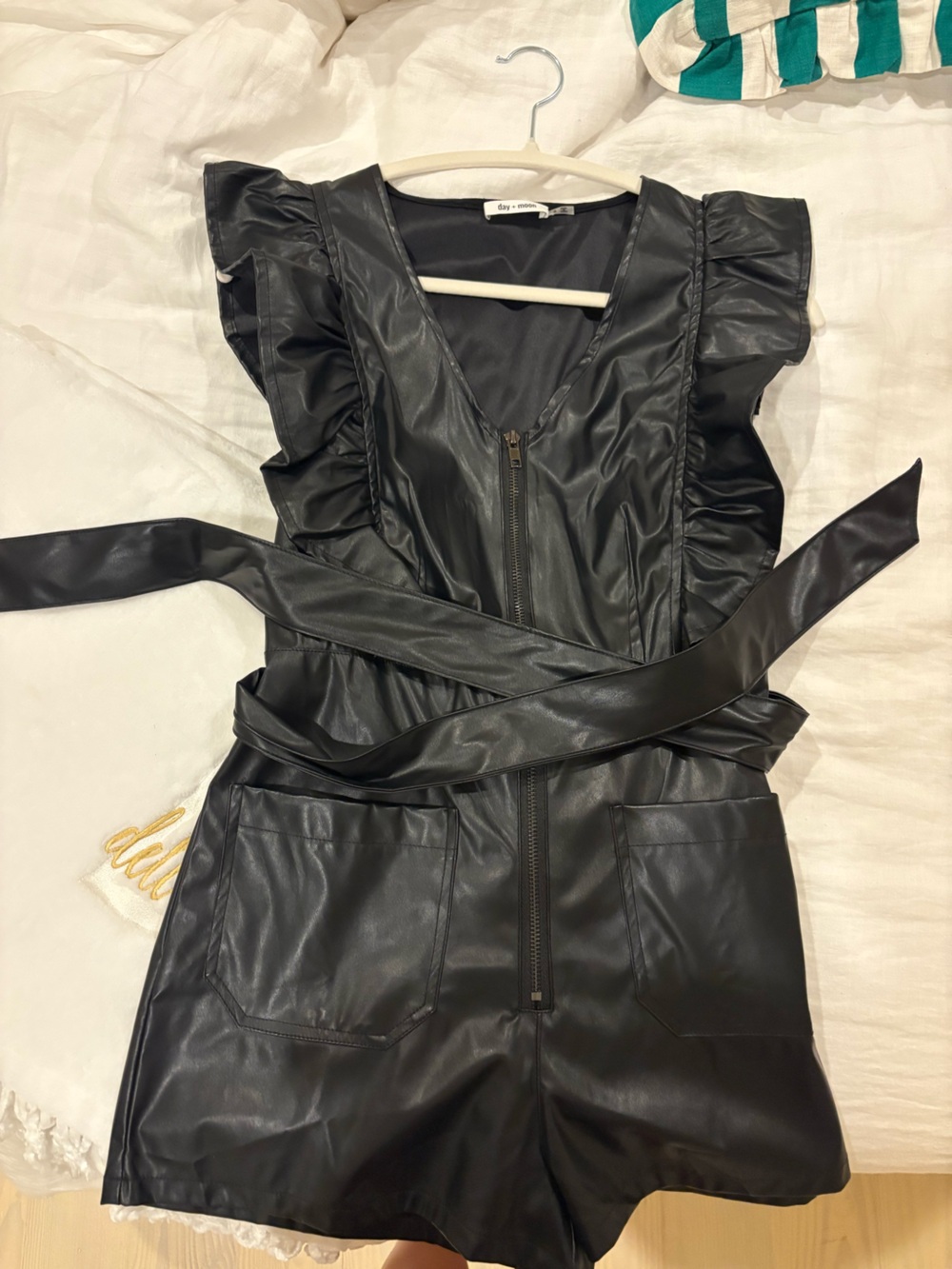 Faux Leather Black Ruffle-Shoulder Romper